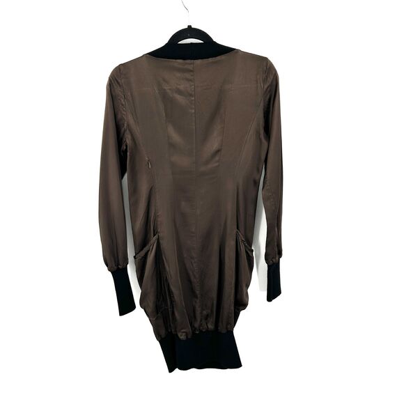COSTUME NATIONAL Brown Black Silky V-Neck Long Sleeve Mini Dress Size Medium - Picture 2 of 7